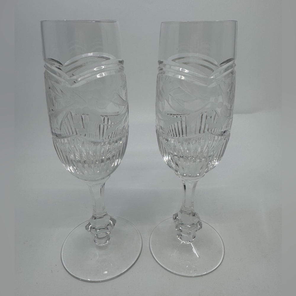 Lausitzer Glas Bleikristall Etched Flower Champagne Glasses (Clear Bottoms) Pair